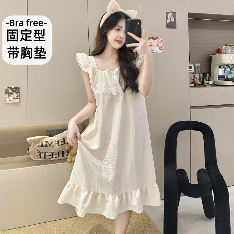 Cloud Cotton Pajamas Women Summer Sweet Princess Style with Padded Bra Small Flutter Sleeve Camisole Nightgown Thin Homewear