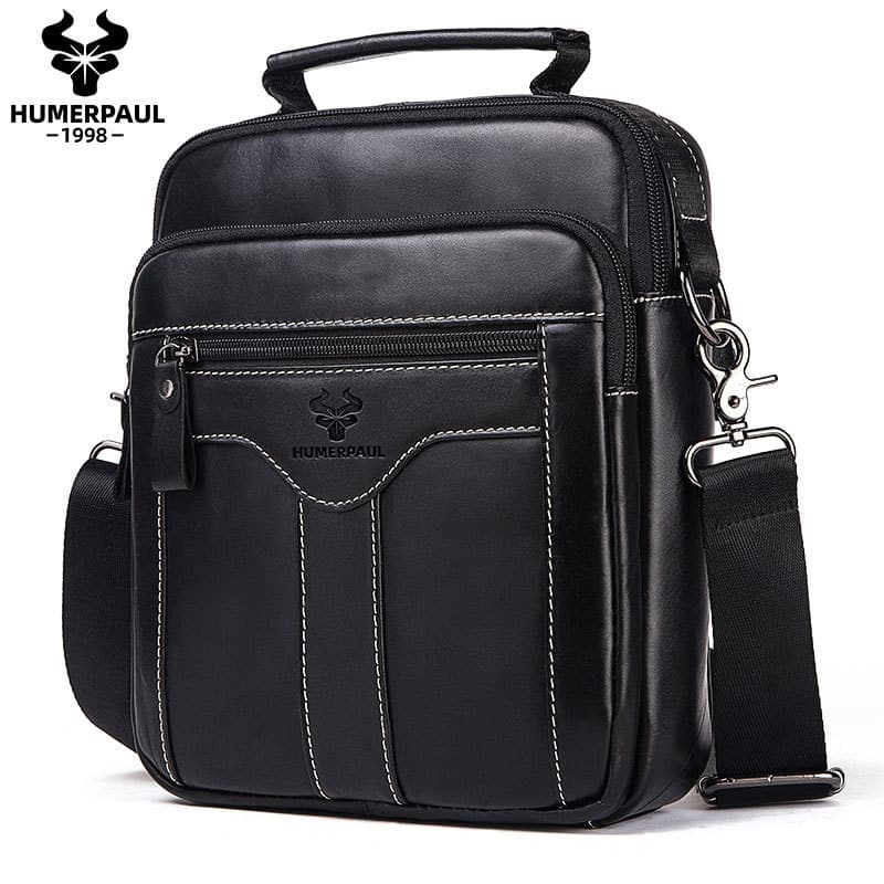 Large Capacity Business Leather Shoulder Bag Top Layer Cowhide Men's Crossbody Bag Zipper Wallet Casual Commuter Style