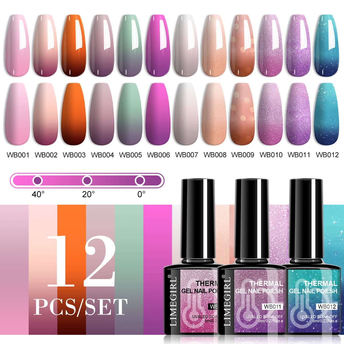 New Nee Jolie 12-Color Thermal Color Changing Gel Polish Set, Nail LED Gel, Spring/Summer Colors, Gel Polish Kit