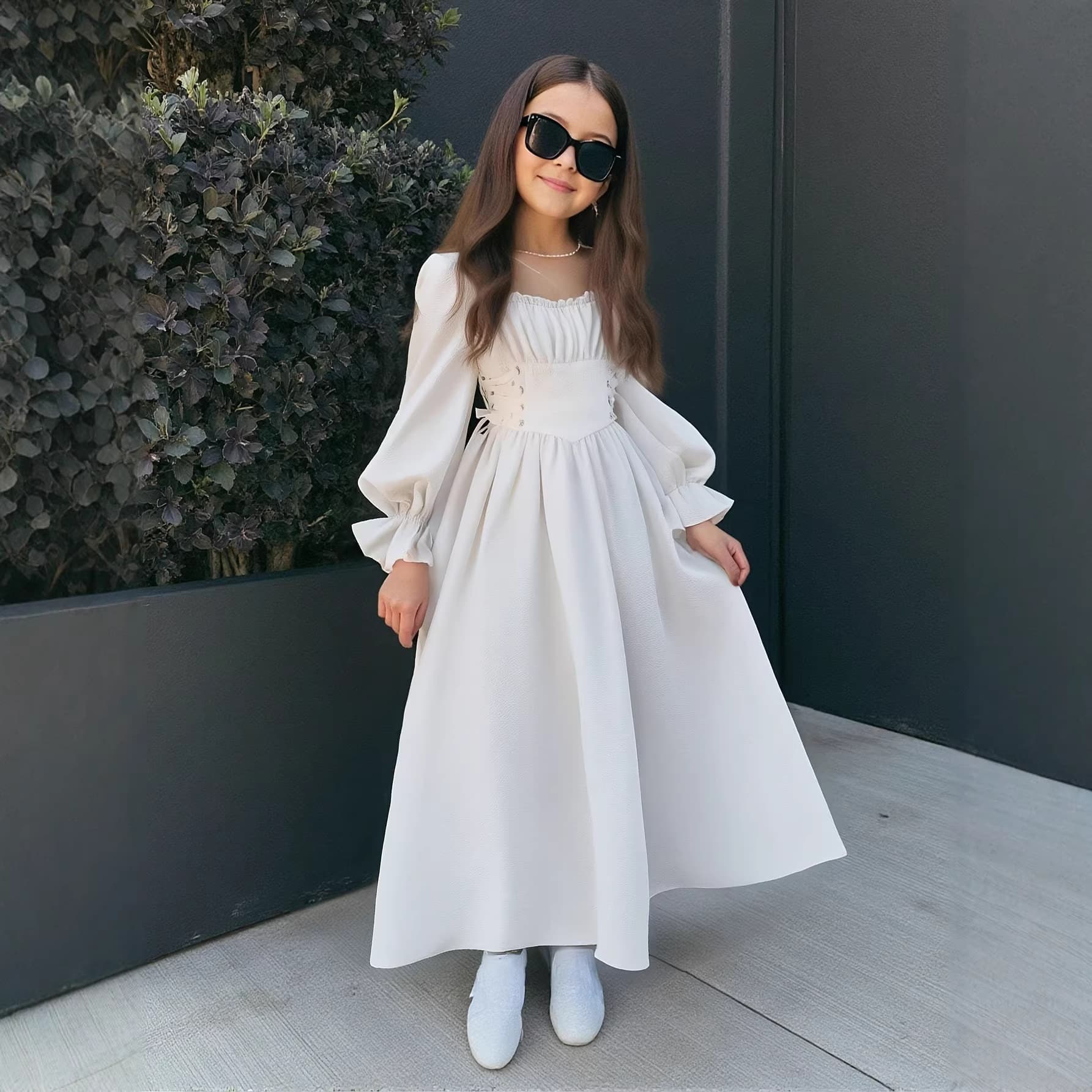 Youth Casual Vacation Square Neck Flared Sleeve Tie Waist Ruffle Bust Retro Dress for Back to School