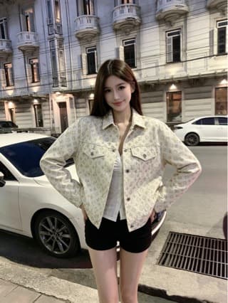 2025 Lujia Retro Casual Denim Trendy Loose Workwear Gold Jacquard Jacket Denim Jacket Jacket