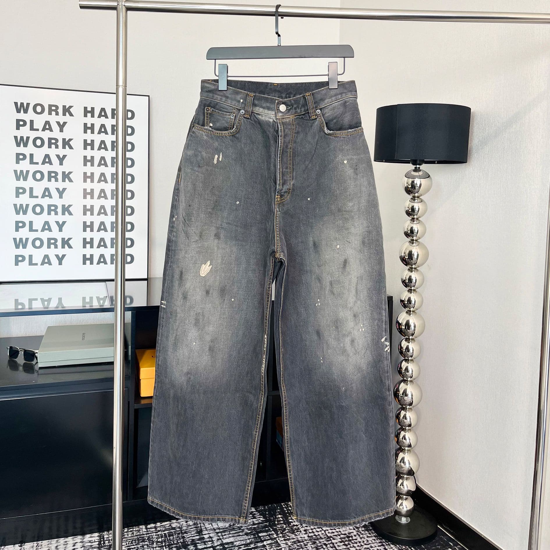 Correct Premium Edition AC Home 2023M Unisex Loose Baggy Slimming Wide-Leg Dirty Ink Splatter Jeans