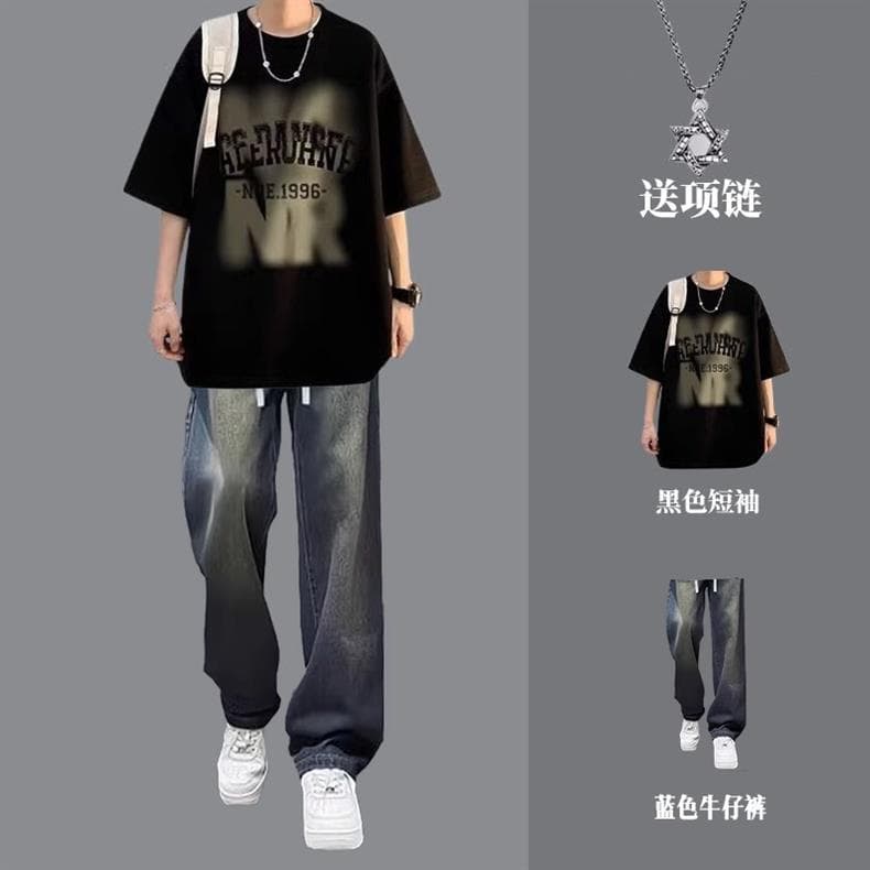 Summer Pure Cotton NR Short Sleeve T-Shirt Boys Set Fashionable Jeans Boys Cool Handsome Dressing Set Sporty Casual Long Pants