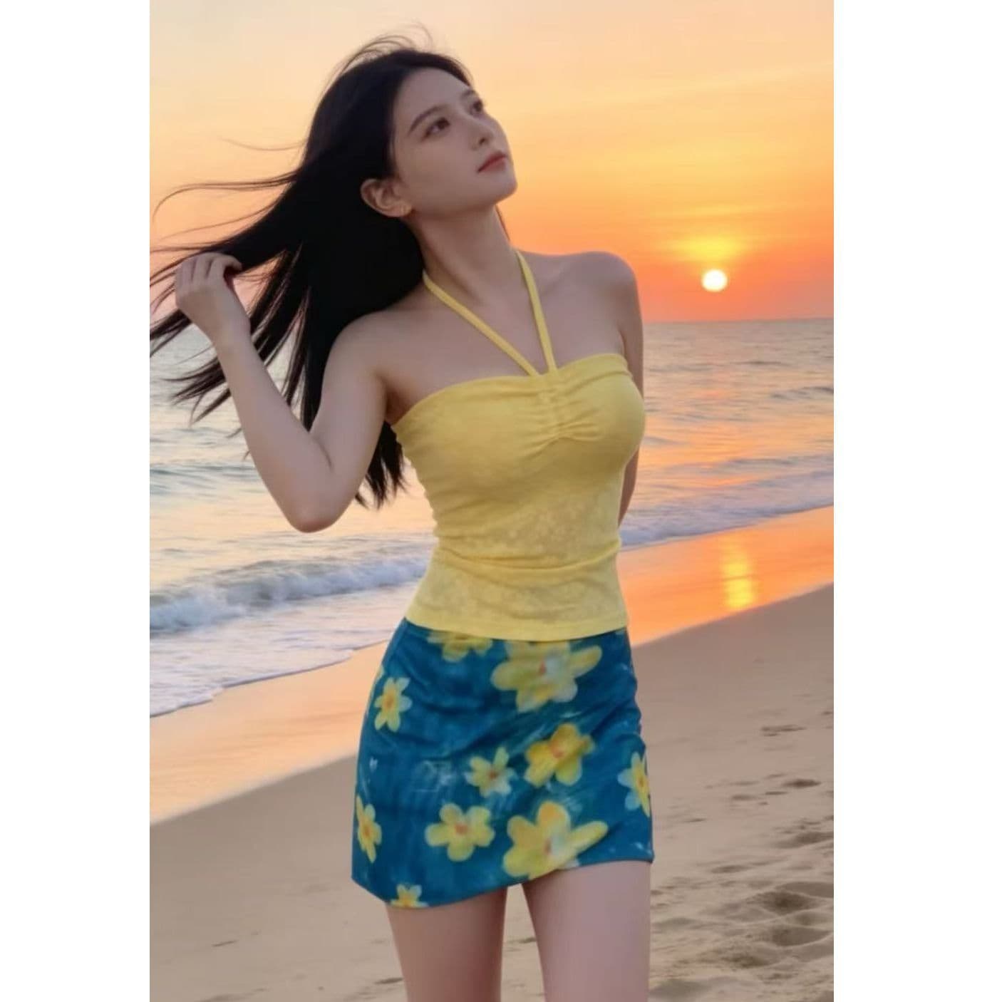 Choco Girl Spicy Style Yellow Ruched Halterneck Vest Top Women Summer High Waist Floral Print Wrap Skirt Two-Piece Set