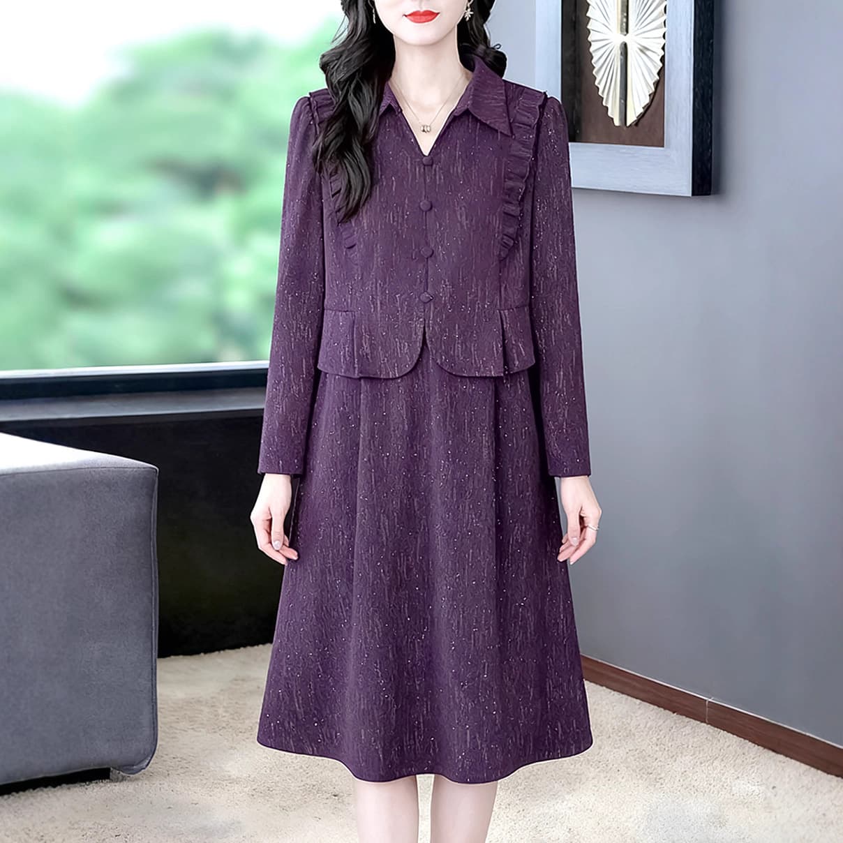 2025 Autumn/Winter New Style Fashion Lapel Office Elegant Ruffle Trim Luxury Plus Size Dress, Loose Slim-Fit Women's Clothing