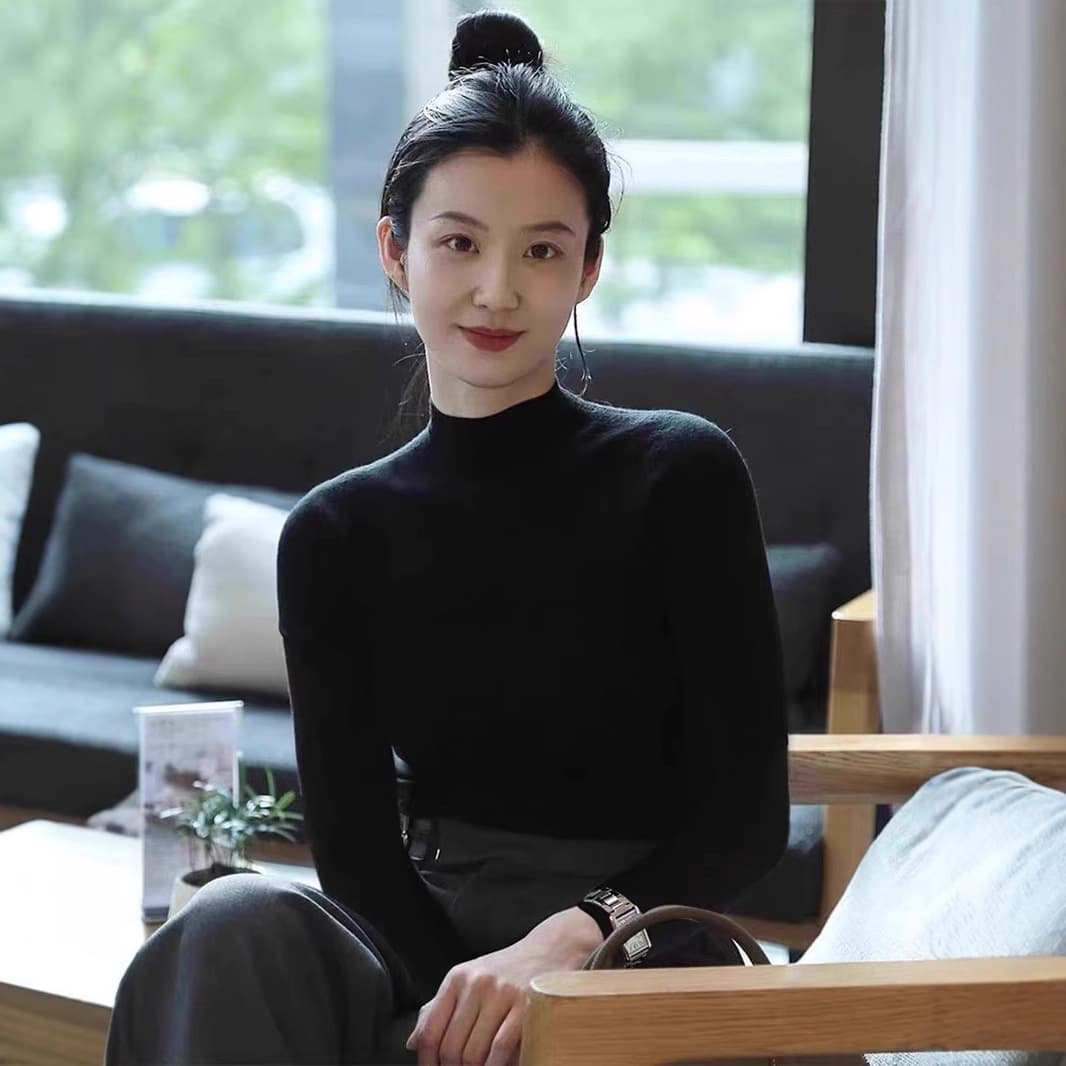 100% Pure Wool French Style Black Semi-Turtleneck Base Layer Women's Cashmere Knit Slim Fit High-End Mid-Neck Sweater
