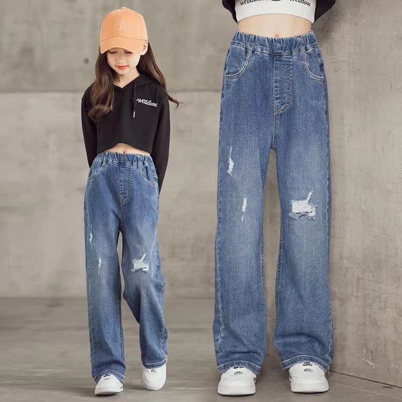 Girls' Loose Wide-Leg Jeans, Trendy Spring/Fall New Style, Ripped Long Pants for Older Kids, Slimming Straight-Leg Versatile Children's Wear