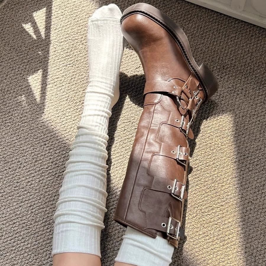 Spring/Autumn New Thick Ribbed Over-the-Knee Socks, Vertical Stripe Solid Color High Socks, Japanese Style Non-Slip Calf Socks, Double-Needle Long Socks for Women
