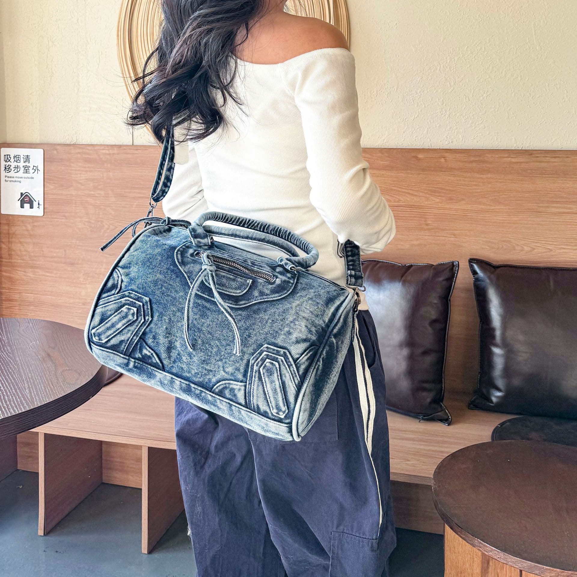 Mickey Motorcycle Bag Women's Distressed Heavy Duty Washed Denim Bag Casual Versatile Retro Shoulder Handheld Crossbody Bag Women