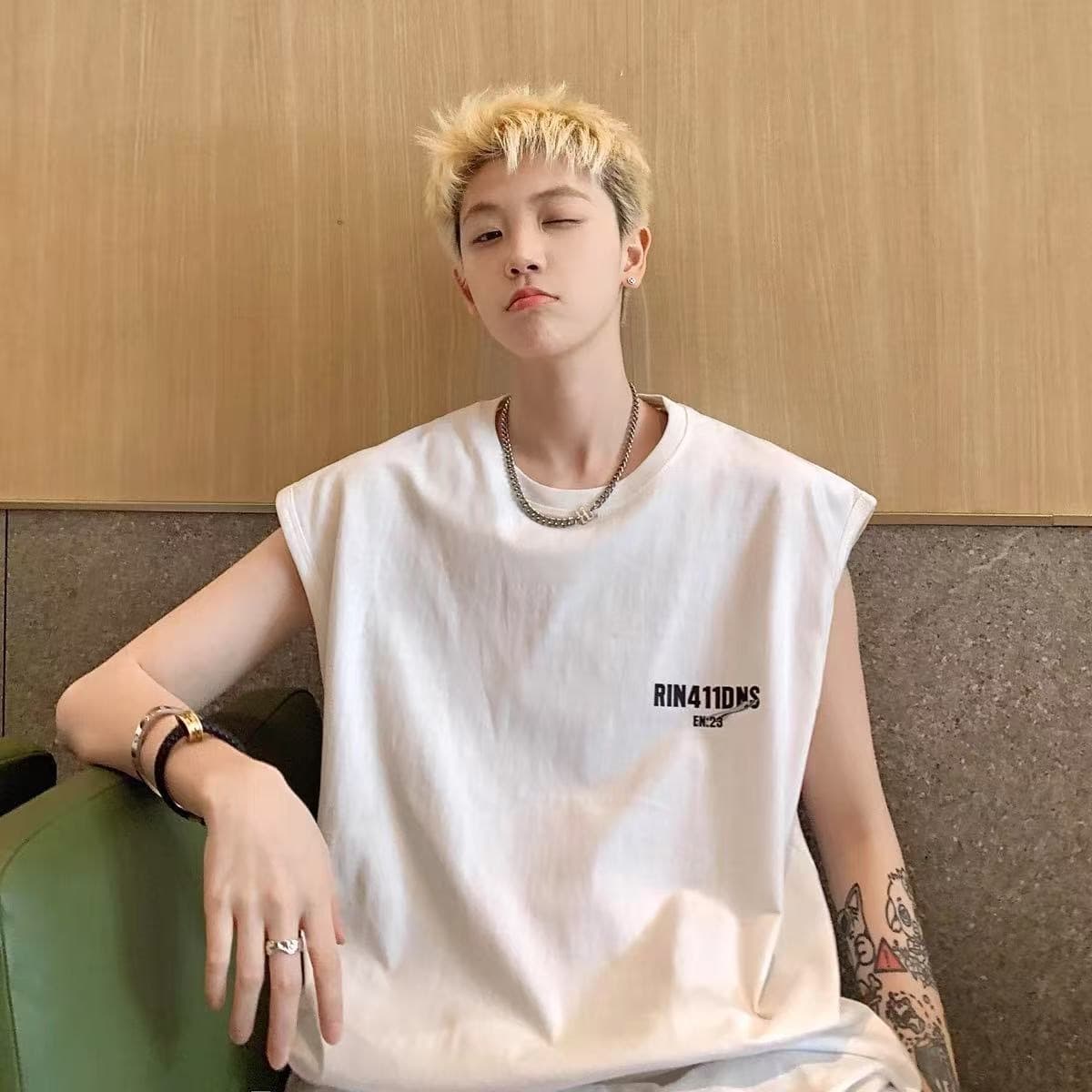American Style Men's Sleeveless Summer Casual Sports Vest Loose Fit Trendy Hong Kong Style Tank Top Sweatshirt