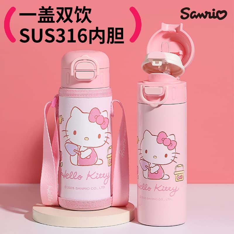 Sanrio kt cat thermos cup 316L stainless steel straw cup direct drinking dual-purpose kettle for primary school students to go to school and live in