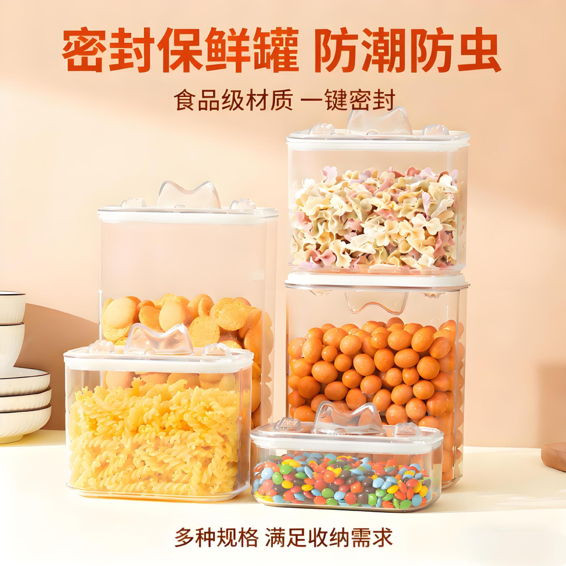 Large household plastic food storage container for pets, including dog and cat food, transparent refrigerator food storage box.