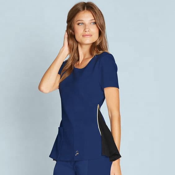 Wholesale Amazon Nurse White Scrub Set Round Neck Elastic Fashion Medical Scrub Top with Zipper Cargo
