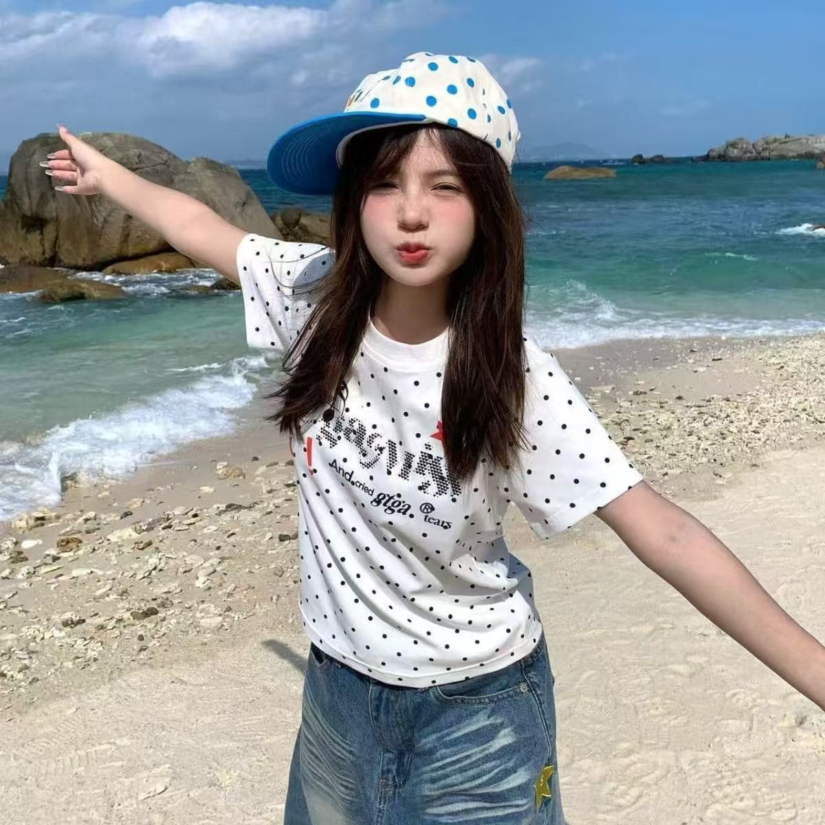 Summer Beach Sweet and Spicy Polka Dot Short-Sleeve T-Shirt for Women, American Retro Slim-Fit Versatile Trendy Top