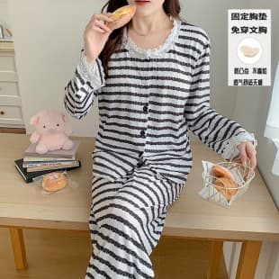 Pajamas Women Spring Autumn Long Sleeve Cotton-like Striped with Padded Bra Lace Trim Cardigan Wear-out Homewear Set