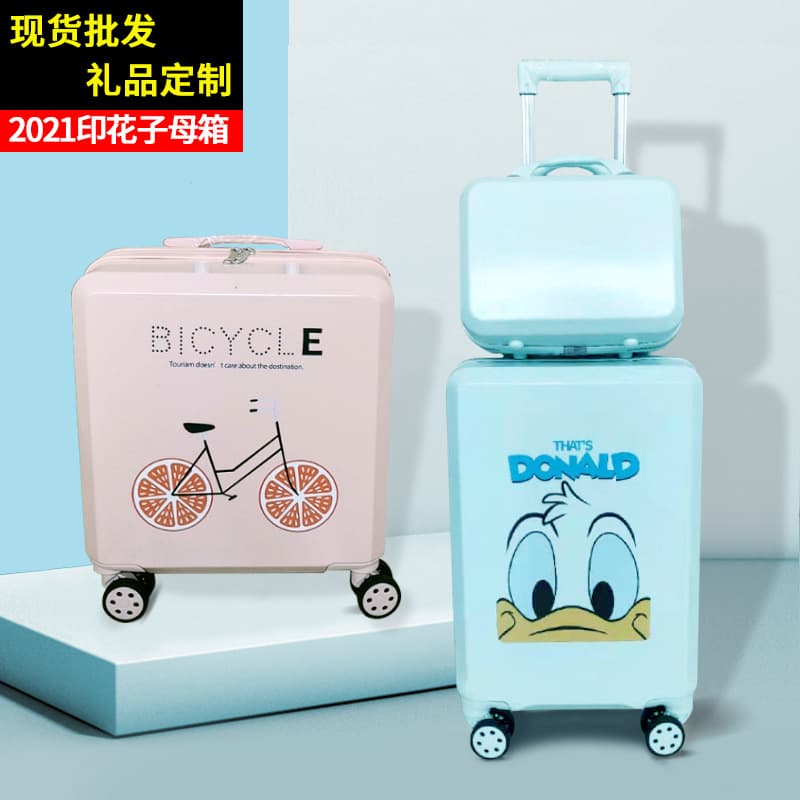 Custom Logo 18-inch Carry-on Luggage with Printed Design, 360-Degree Wheels, and Telescopic Handle