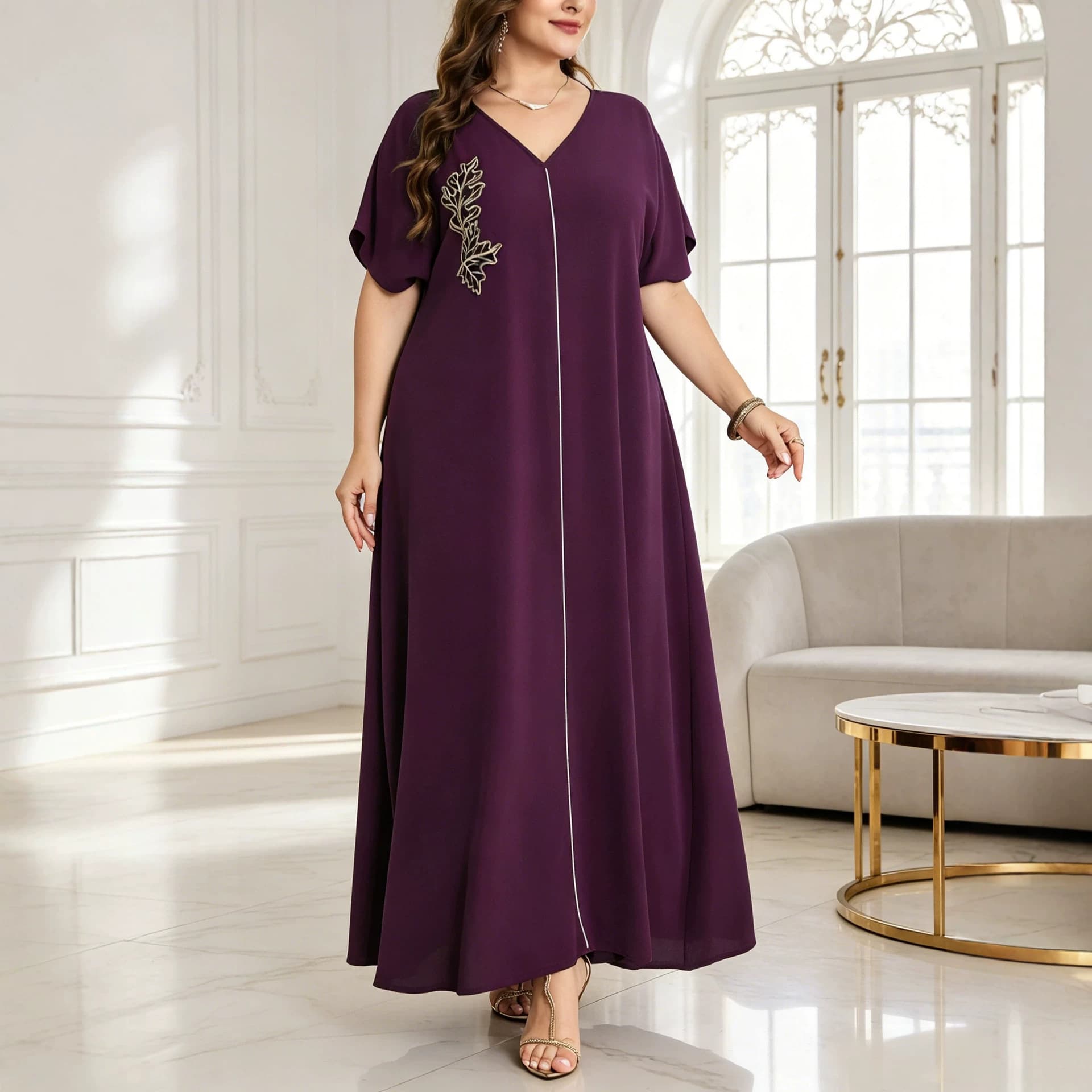 Cross-border Plus Size Women's V-Neck Simple Leaf Embroidery Loose Short Sleeve Slimming Plus Size Dress