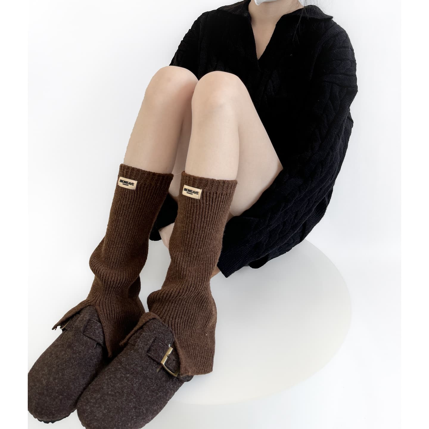 Autumn/Winter Wool Knitted Letter Label Sock Sleeves, Slit Slouch Mid-Calf Layered Warm Leg Warmers, Ins Korean-Style Boot Sleeves