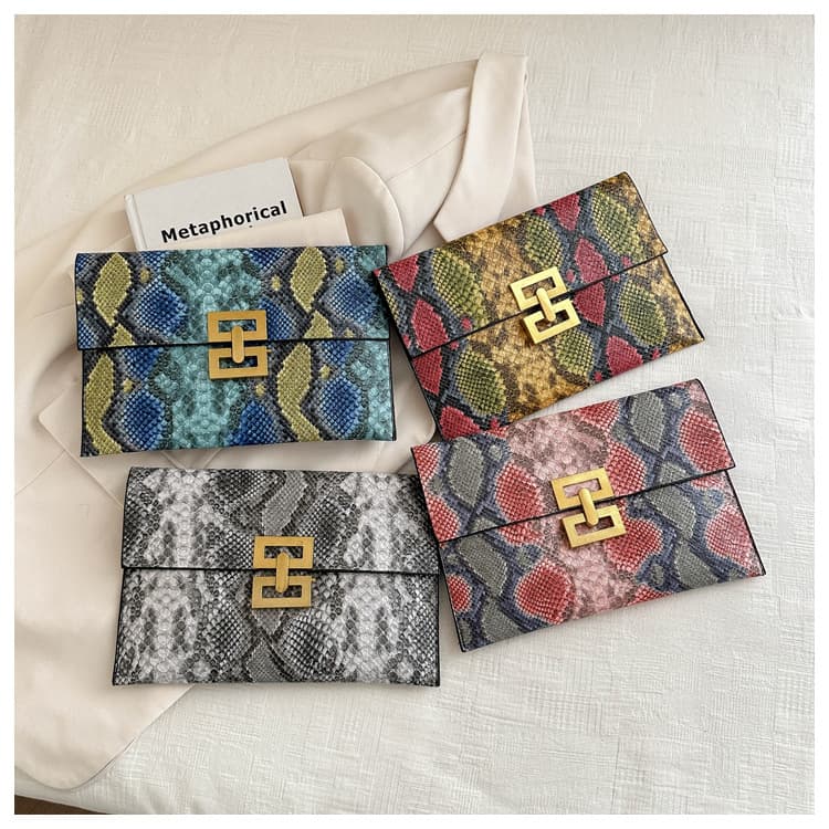 Colorful Snake Skin Texture Handheld Envelope Bag Ultra Thin Women's Fashion Spring Summer City Simple Style PU Material