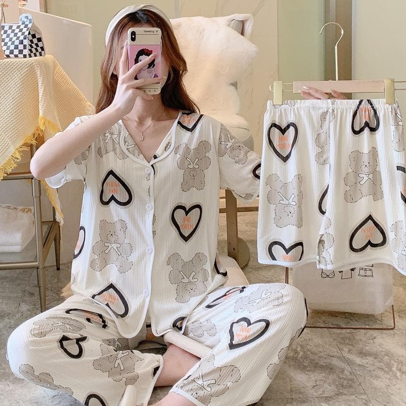 Women's 3-Piece Pajamas Set 2023 Korean Style Loose Fit Drawstring Cute Sleepwear for Women pajamas236