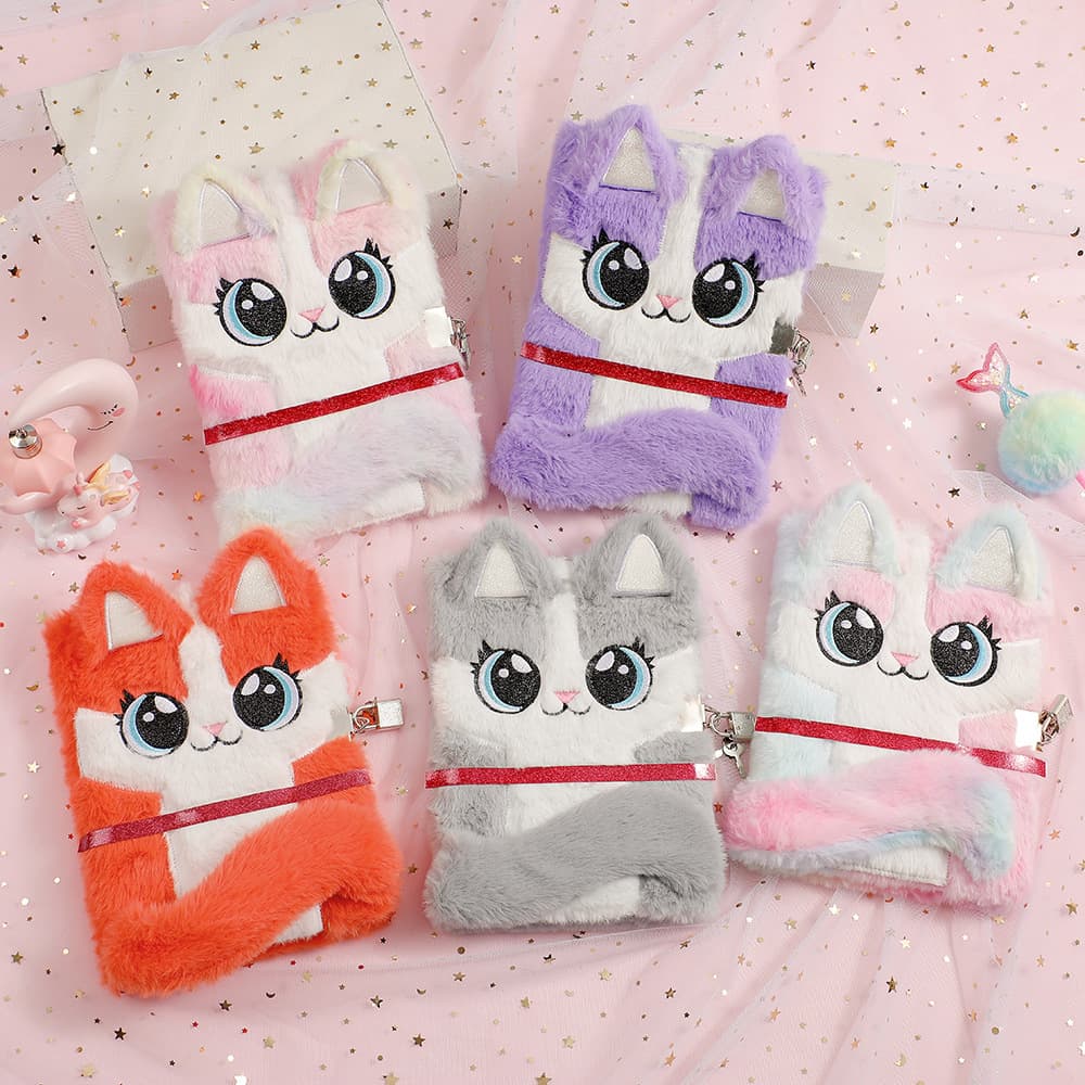 Cute little kitten with big eyes plush notebook for children with lock writing diary for students cartoon gift book