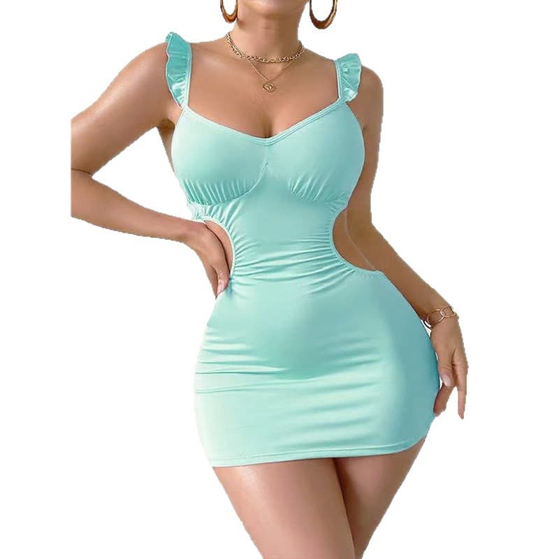 Cross-border Europe and America Hot Selling Ruffle Strap Bodycon Mini Dress Sexy Hollow Waist Shaping Dress
