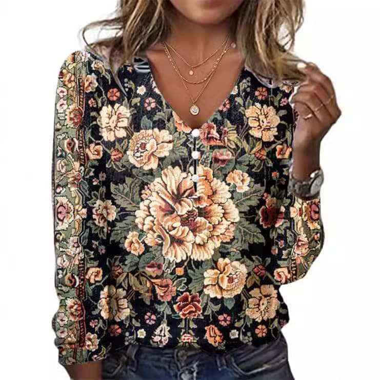 Cross-border 3D Printed Women's Three-Button V-Neck T-Shirt, European and American Loose Casual Women's Top, Digital Print T-Shirt