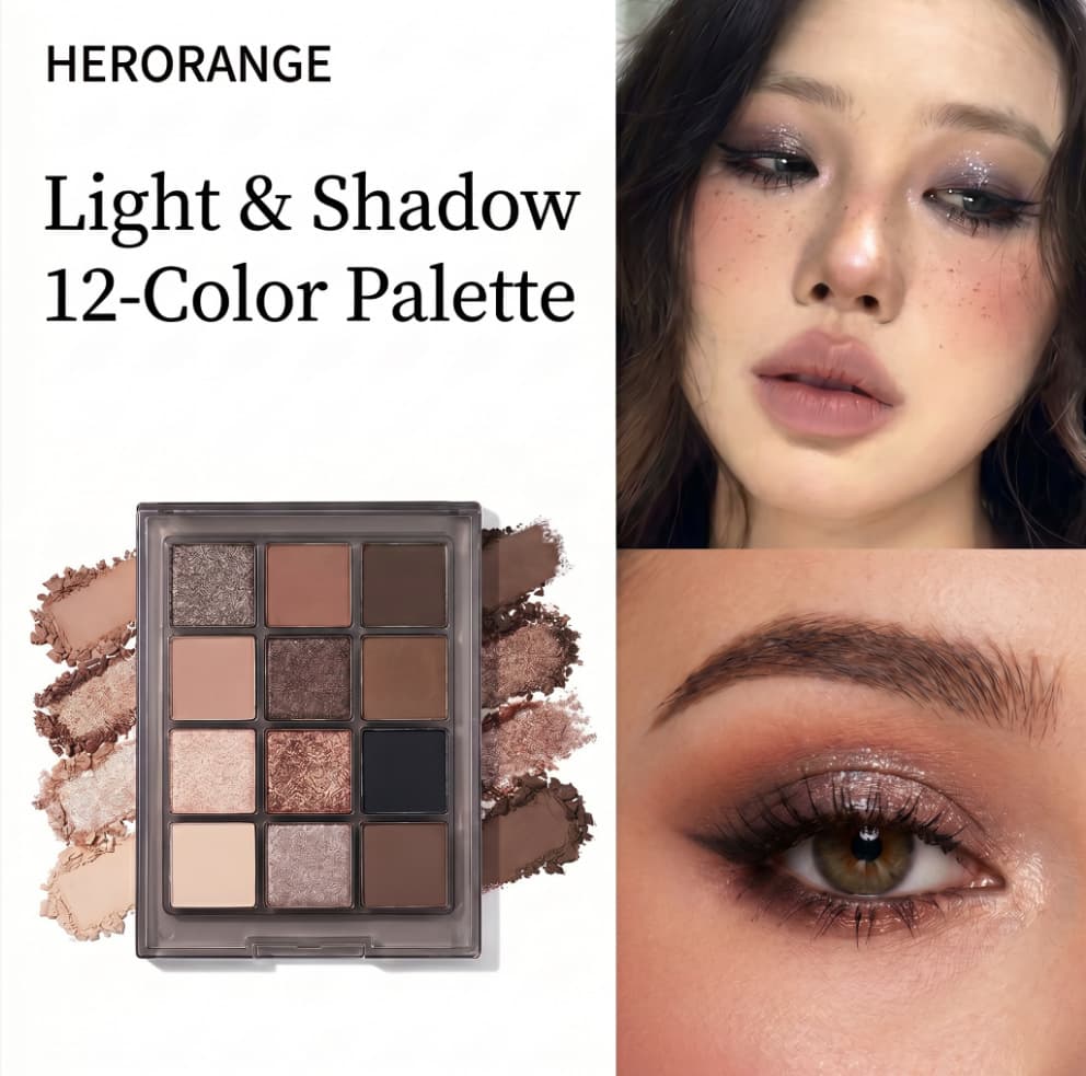 Light & Shadow 12-Color Eyeshadow Palette - Matte & Shimmer, Earthy Tones, Waterproof, Long-Lasting