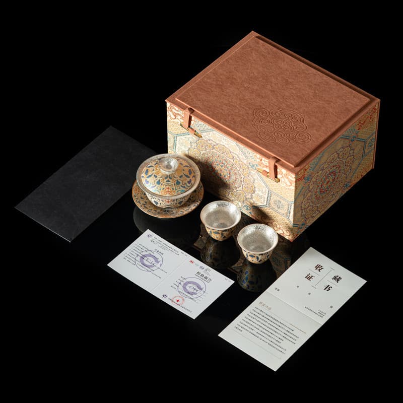 Song Pu Su Yangye Master Palace Dunhuang Cultural Creation Firestone Red Silver-gilded One Lidded Bowl Two Cups Tea Set Souvenir Box Set