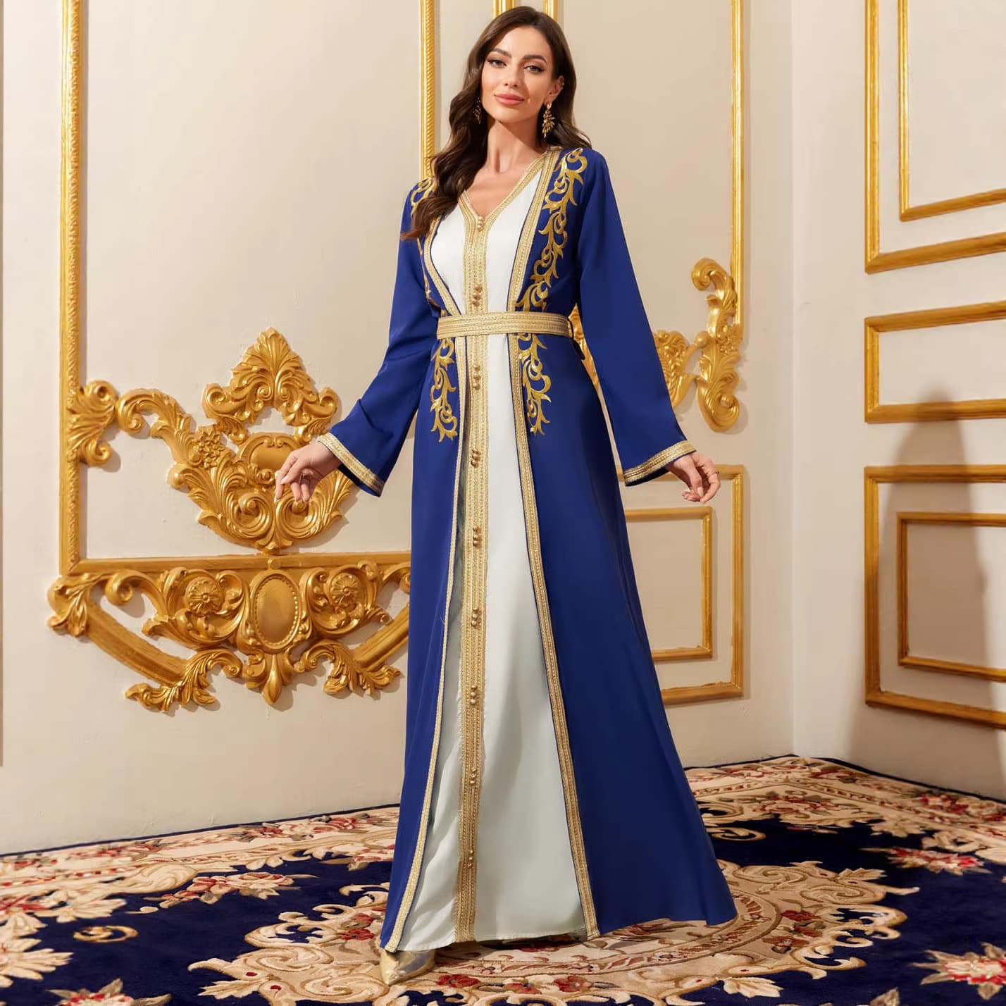 Cross-border Women's Fashion Casual Long Dress with Embroidered Trim Two-Piece Set with Belt