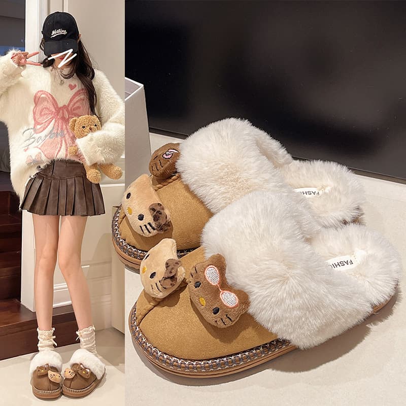 Cartoon Cat Plush Slippers Women's Cute Slip-On Winter Cotton Slippers Home Fashion Rubber Bottom Adult Size Shoes