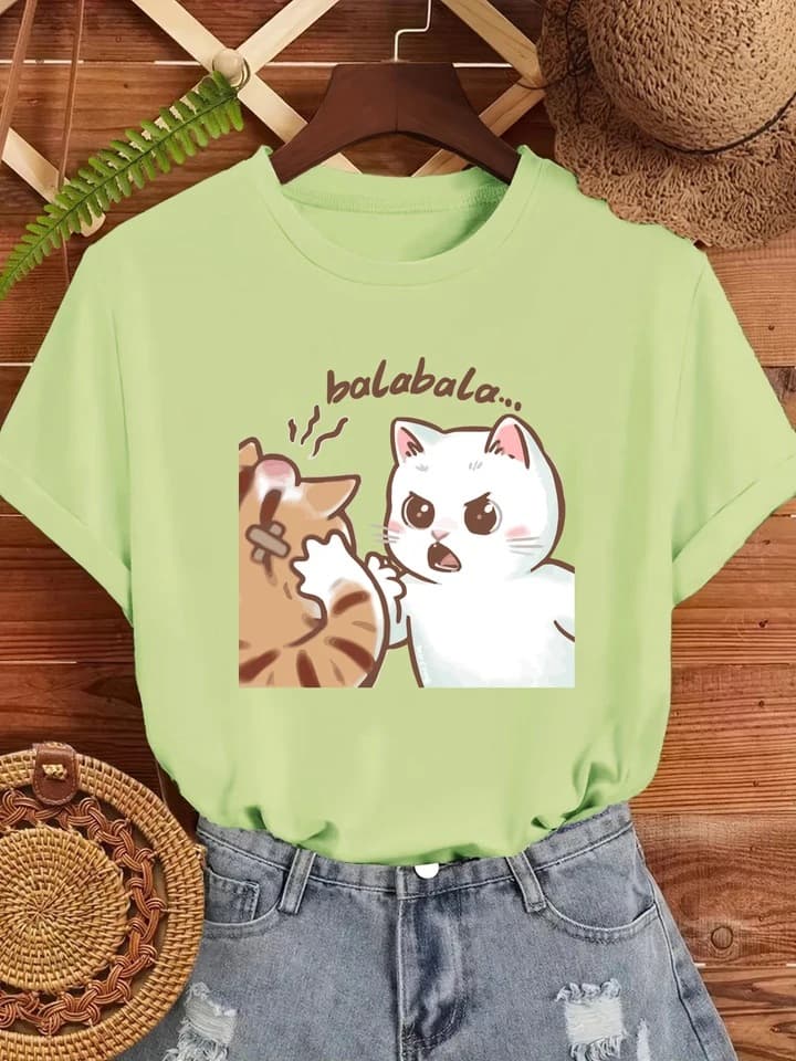 Funny Two Cats Arguing Print T-Shirt Ladies Oversized Cotton T-Shirt Fashionable Y2K Streetwear Casual