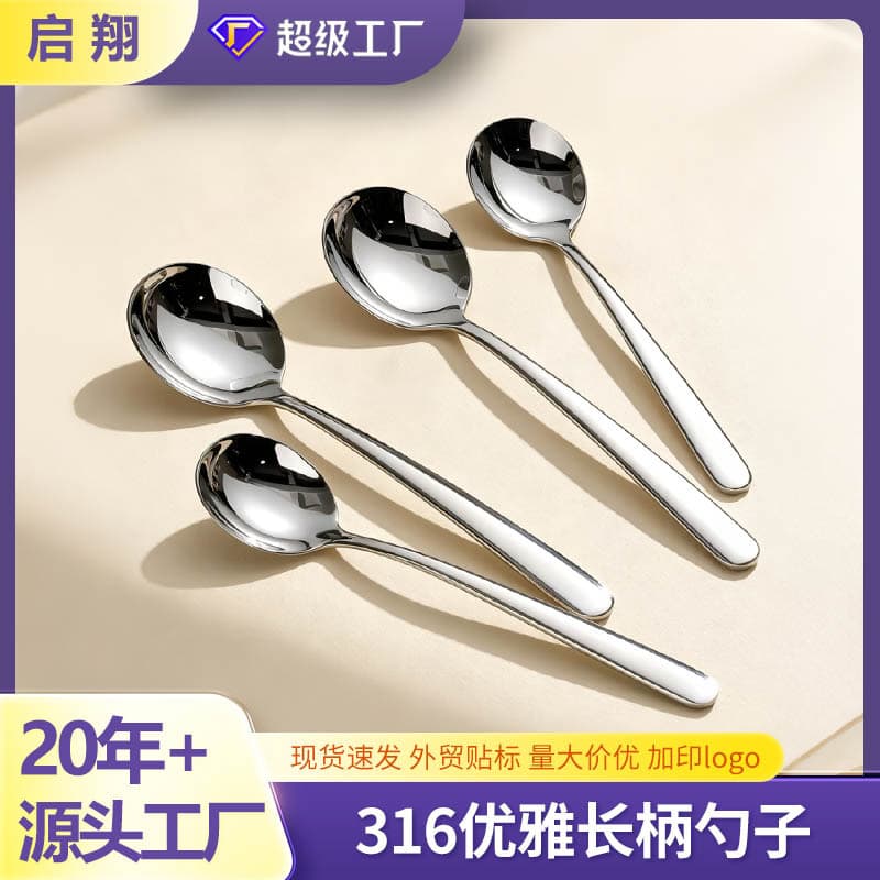 316 Stainless Steel Spoon Elegant Thickened Soup Spoon Cross-Border Drop Shipping High-End Fine Rice Spoon Deepened Long Handle Spoon
