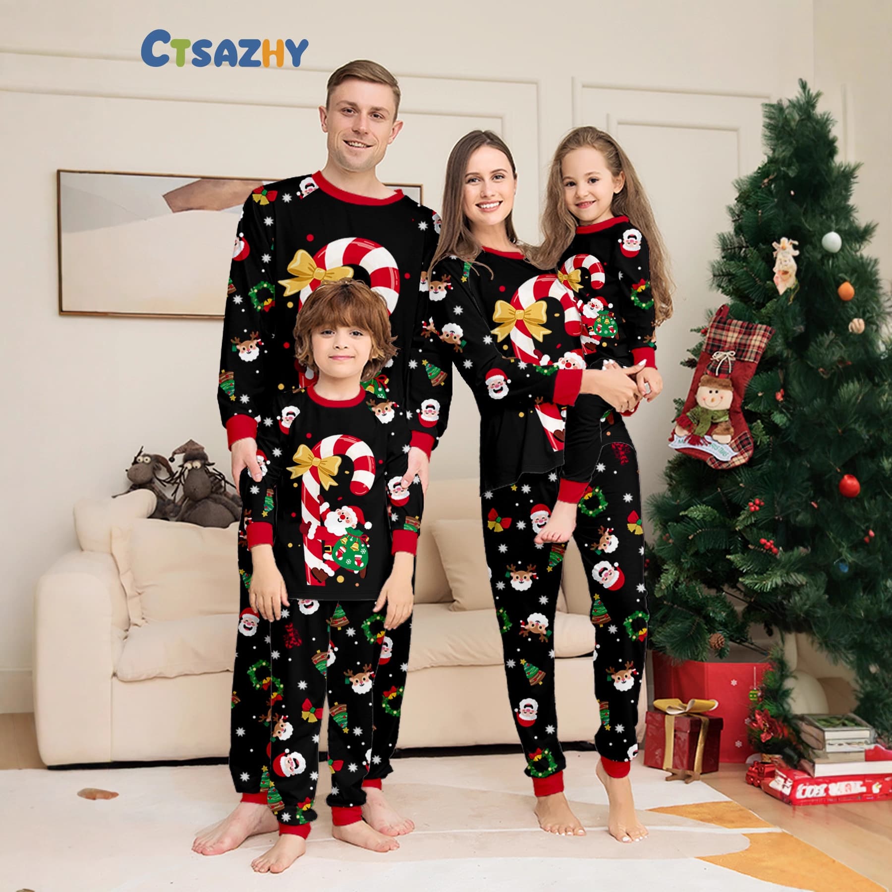 New Santa Claus Letter Print Pajama Set, Round Neck, Long Sleeve, Pants, White Home Wear, Christmas Parent-Child Outfit