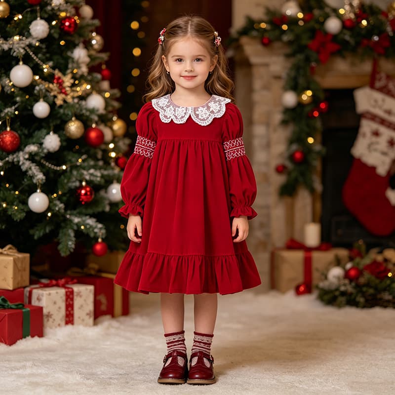 Girls' Lace Collar Red Christmas Long-Sleeve Dress, Spring/Autumn Style for Toddler Girls