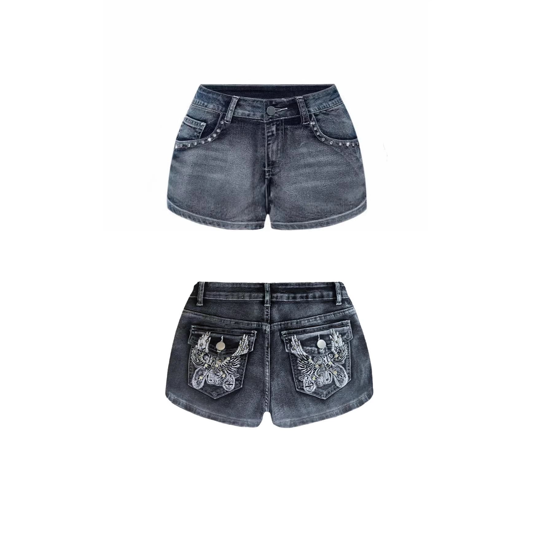 Heavy industry motorcycle wings hot diamond denim shorts for women black and gray hot girl jeans source factory spot wholesale