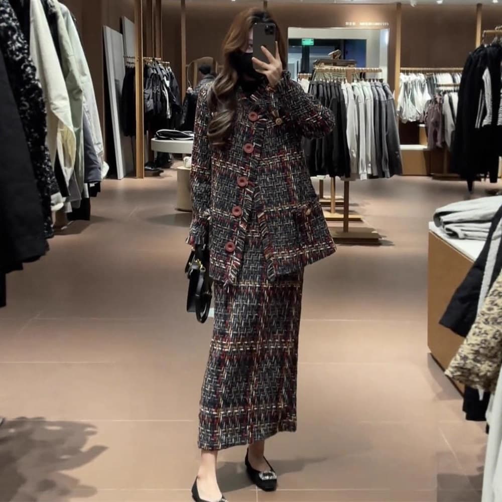 Plus Size Women's Clothing - Popular Online Style Tweed Knitted Chanel-Style Wool Coat and Skirt Set (2935)