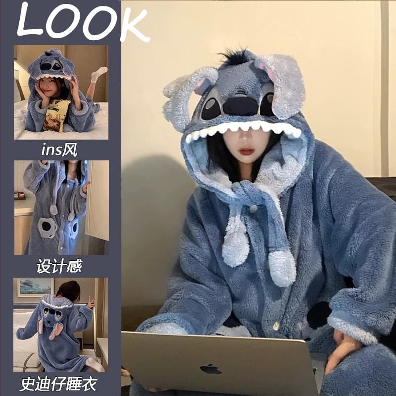 Stitch Couples Pajamas Women's Fall/Winter Coral Fleece Thickened Men's Bathrobe Sleepwear Homewear