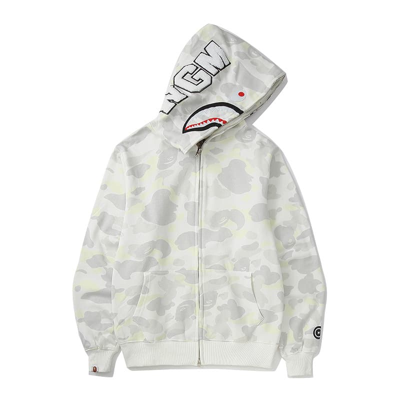 Cross-border European and American trendy brand shark suit camouflage BAPE embroidery/print men's and women's couple style zipper/hoodie series