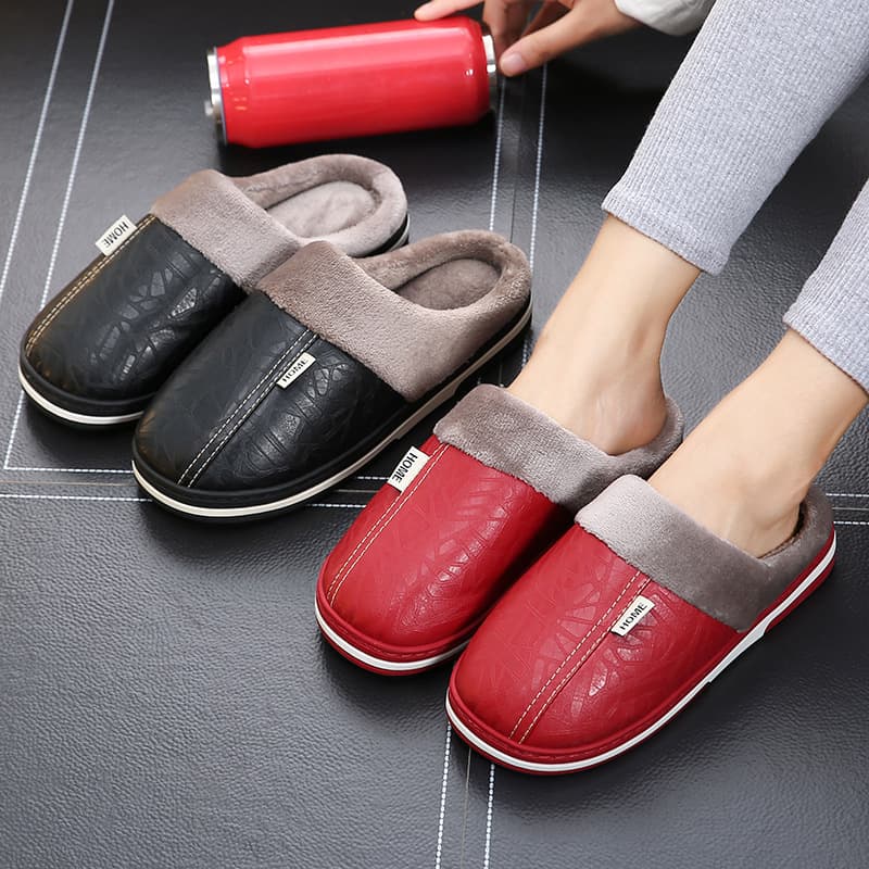 PU leather cotton slippers for men, waterproof, thick-soled, warm, indoor, couple, winter, home, fur slippers for women, autumn and winter.