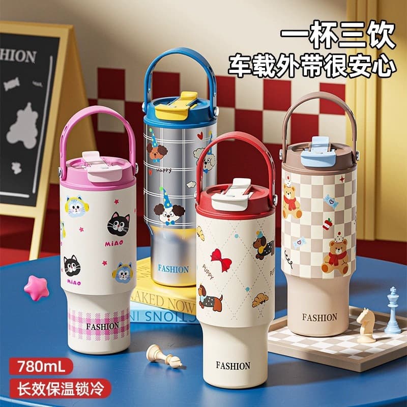Stylish Cartoon Coffee Cup 316 Stainless Steel Insulated Tumbler Large Capacity Car Tumbler Portable Straw Water Bottle