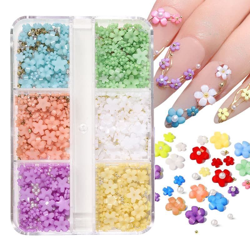 Cross-border 6-grid Resin Colorful Five-Petal Flower Nail Art Steel Ball Rhinestone Fingertip Decoration Nail Art Accessories Boxed Amazon Hot Sale