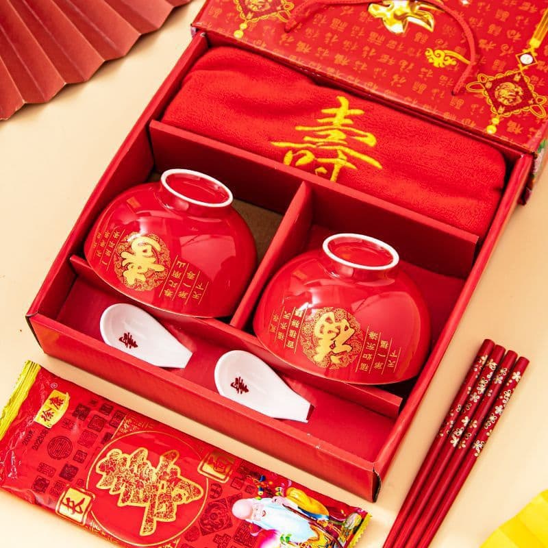 New Year's Dragon and Phoenix Shou Bowl Red Bowl Old Man's Birthday Burnt Engraved Return Gift Bowl Nail-made Birthday Banquet Wholesale Gift Box Set