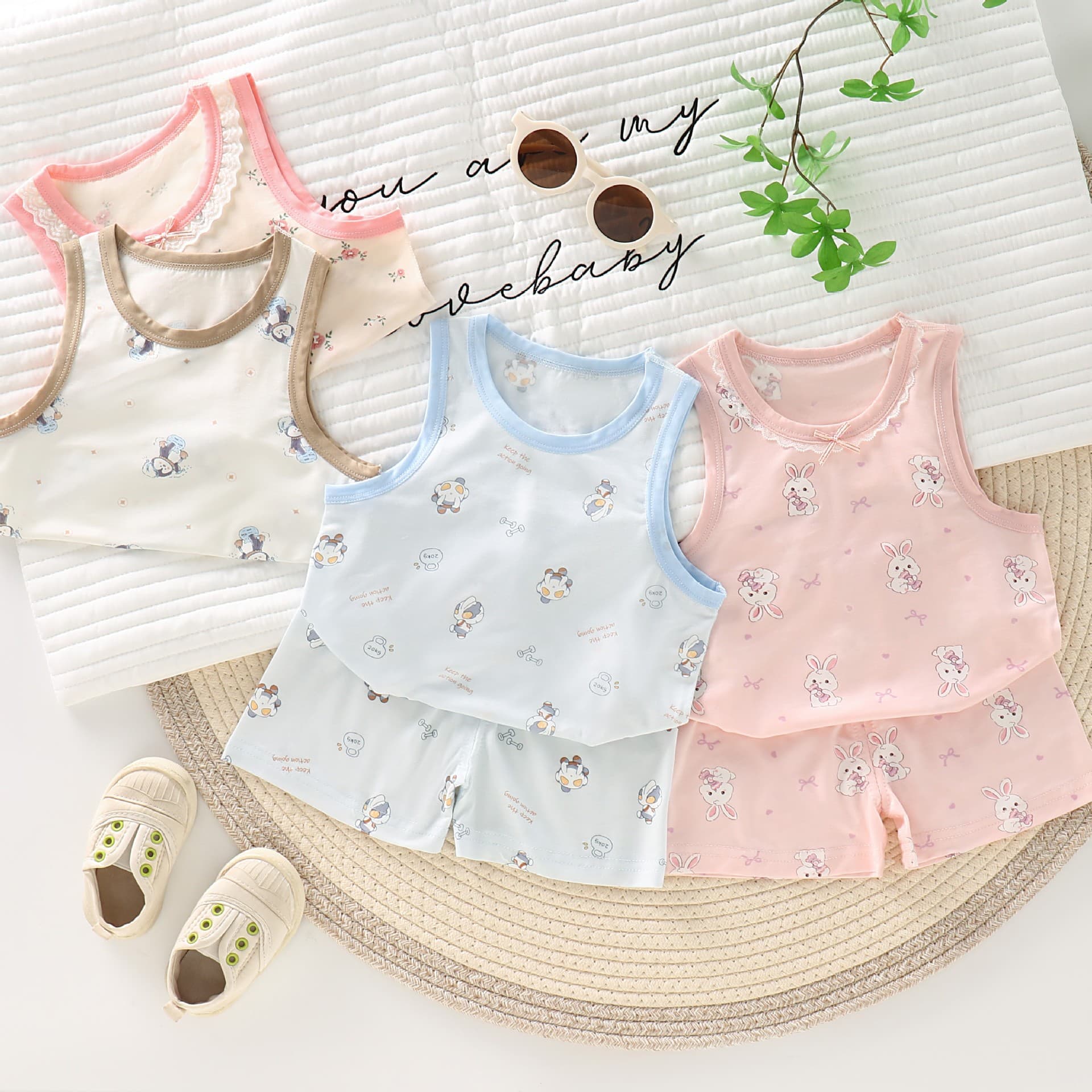 26 years new children's vest shorts set boys and girls thin cartoon breathable home clothes pajamas two-piece set
