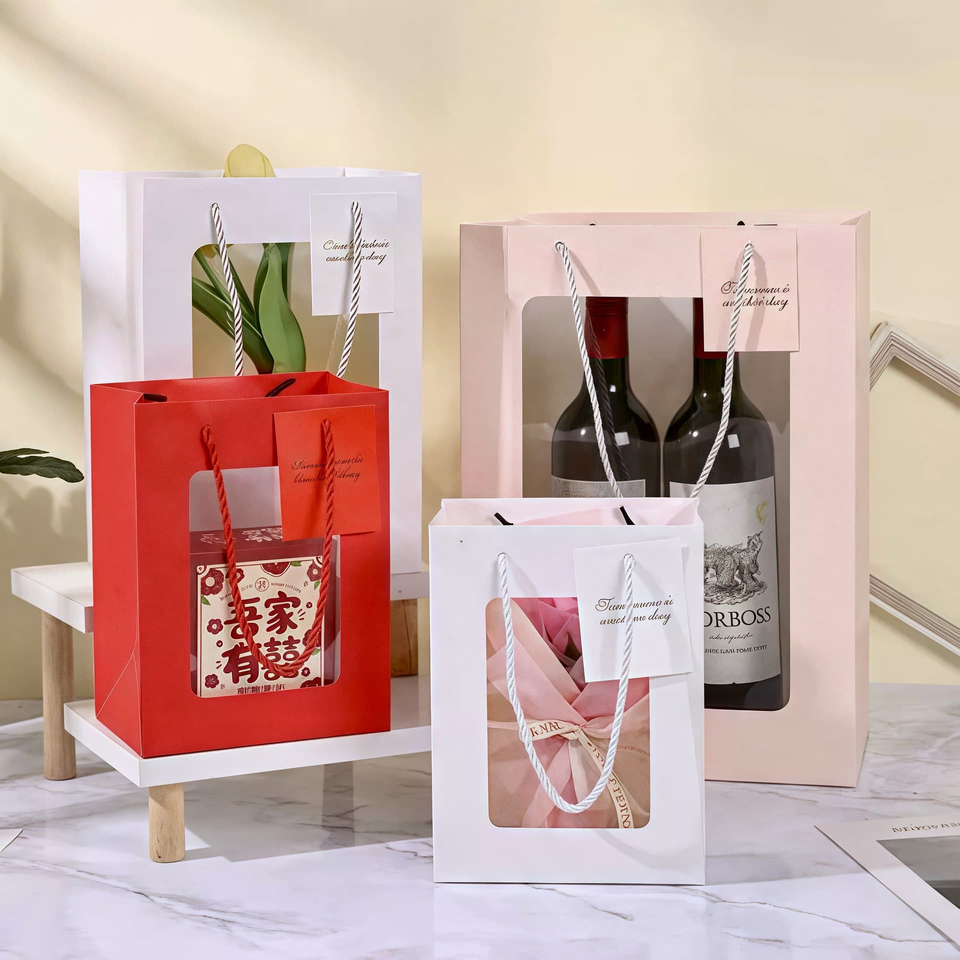 Transparent Window Handbag for Flower Packaging, Gift Bag for Qixi Festival, Plush Toy Paper Bag, Souvenir Bag