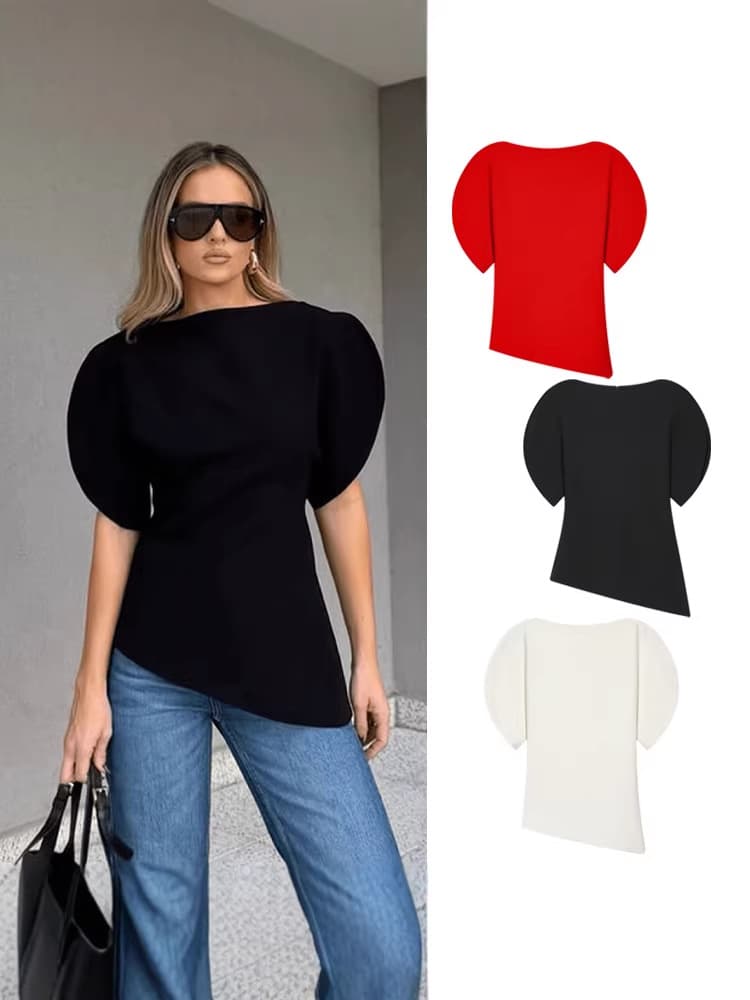 Cross-Border European and American Style Spring Summer New Fashion Women's Clothing Wholesale Slim Fit Round Neck Puff Sleeve Top