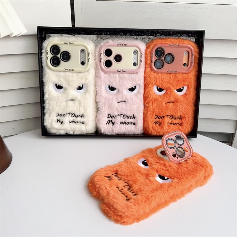 Furry phone case for iPhone 17 Pro Max, Don't Touch My Phone, Apple 16 lens stand, 13 15