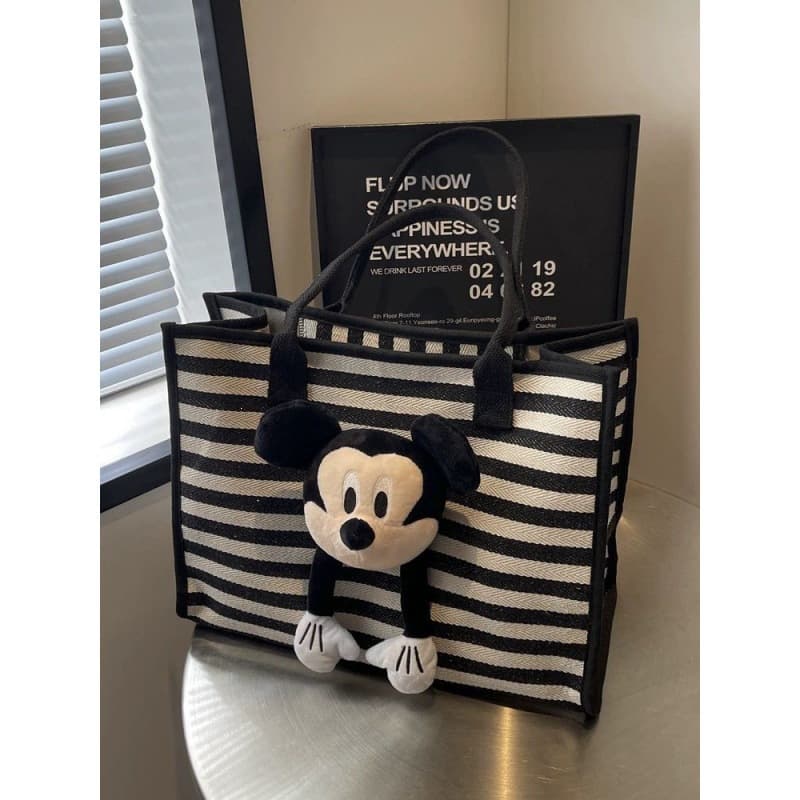 Large Capacity Striped Tote Bag for Women, 2026 New Style, Fashionable Cute Cartoon Mickey Canvas Bag A16