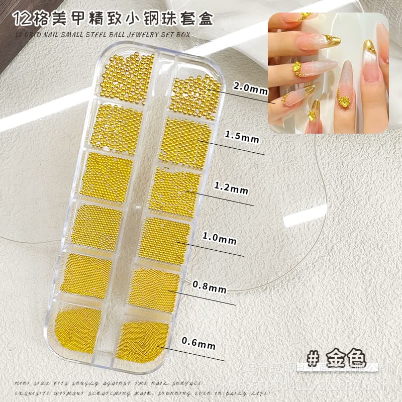 12-Grid Mini Steel Ball Nail Art Decorations Mixed Sizes Cross-Border Hot Seller Gold and Silver 0.8mm Nail Rhinestone Accessories