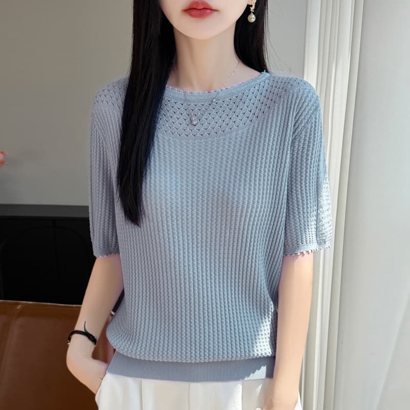 French High-End Summer Top 2026 New Style Half-Sleeve Knit Sweater for Women Fashionable Round Neck Lace Mesh Undershirt